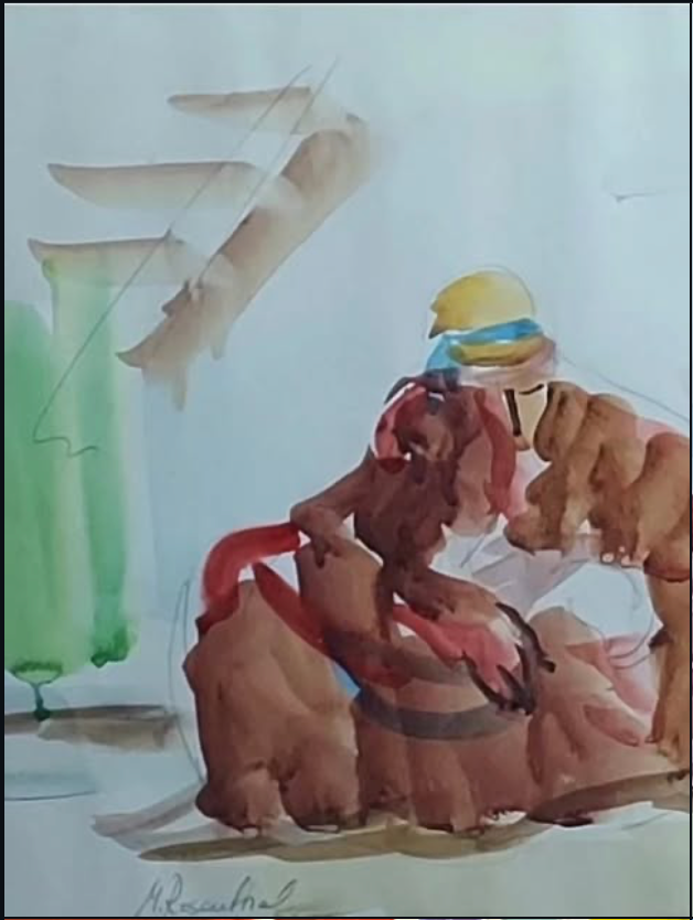 Watercolor of a seated figure wearing a yellow hat