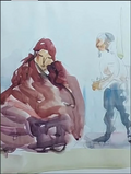 Watercolor of a seated figure and a standing figure