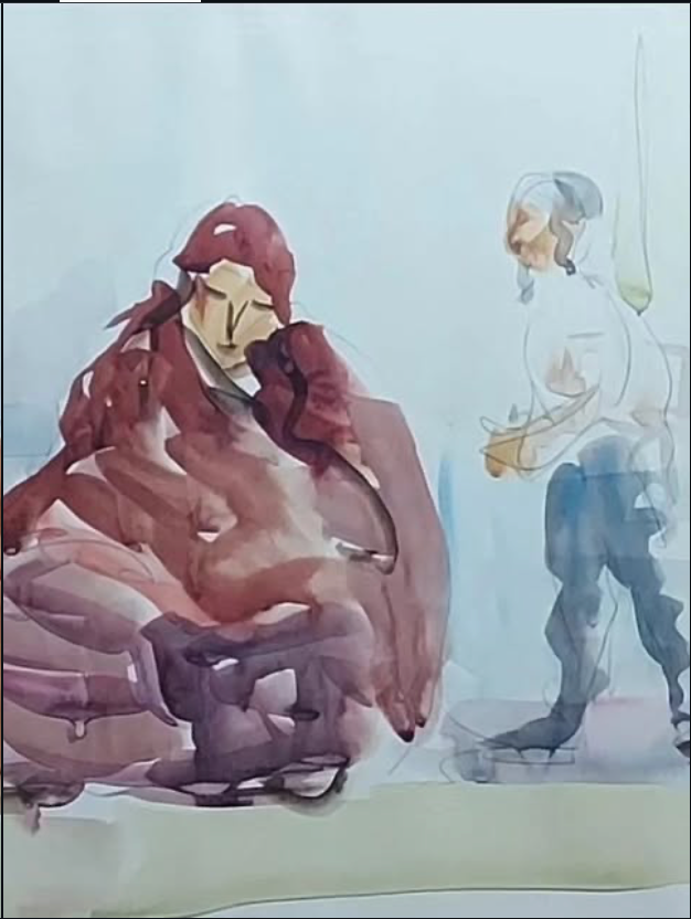 Watercolor of a seated figure and a standing figure