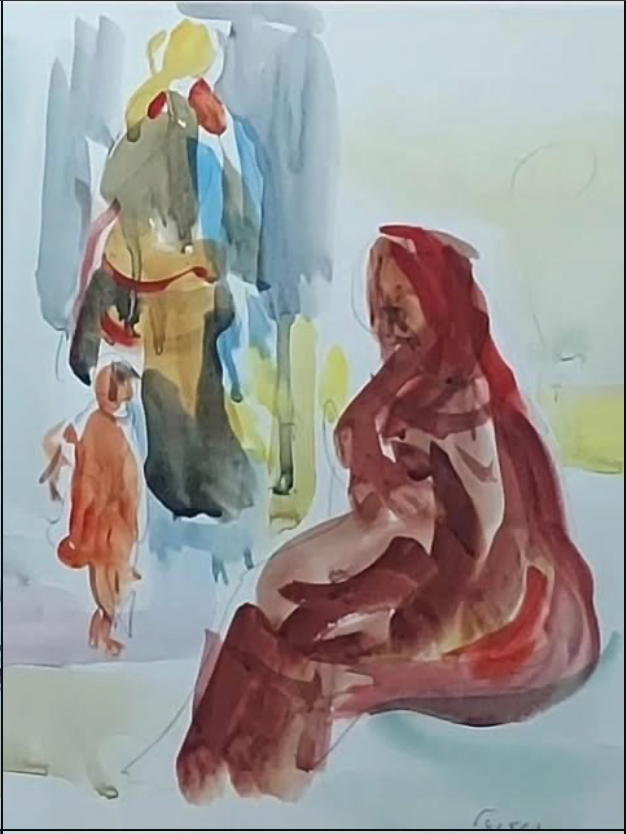 Watercolor of a seated figure in red