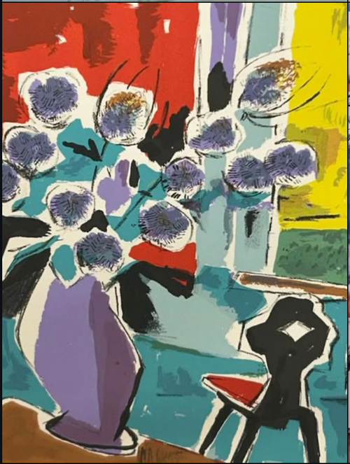 Color print of flowers in a purple vase